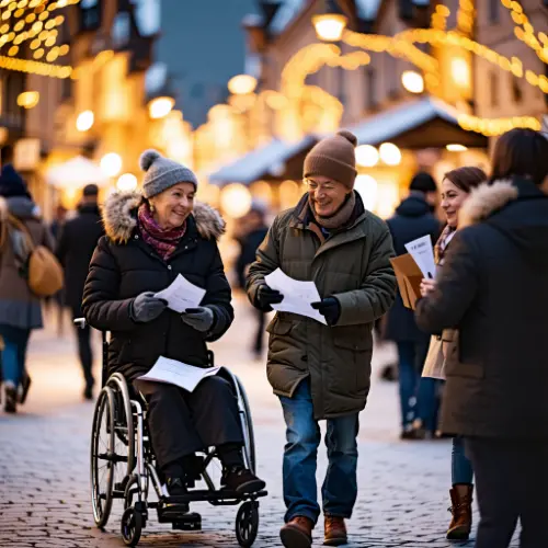 Menschen auf dem Weihnachtsmarkt sammeln Spenden